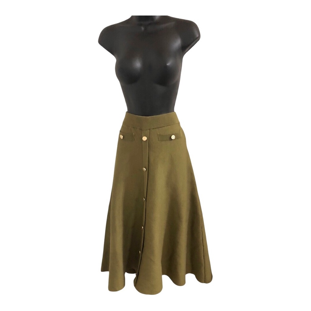 olive green sweater knit a-line trumpet twirl button front skirt size large new
